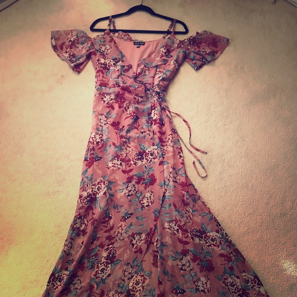 As u Wish Pink Floral Off Shoulder Maxi Wrap Dress